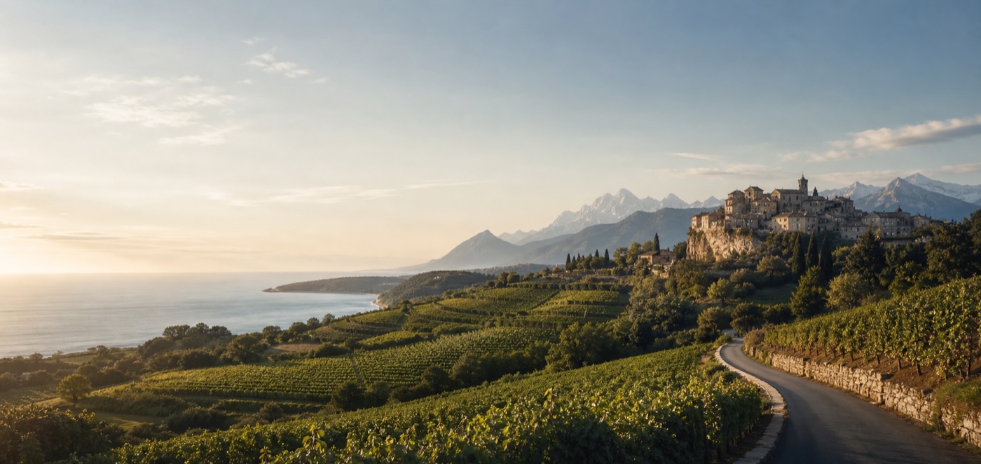 Allgemeines Frankreich-Motiv mit Landschaft und Ort; keine Darstellung einer bestimmten Region